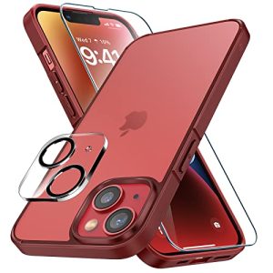LK [3-in-1 for iPhone 14 Case, with 2 Pcs Enhanced Lens Protectors + 2 Pcs 9H Tempered Glass Screen Protector [Military Grade Shockproof] [Anti-Fingerprint] Matte Slim Phone Case - Matte Red