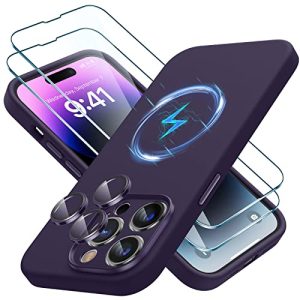 LK for iPhone 14 Pro Max Case [Liquid Silicone] +2 Pack Tempered Glass Screen Protector & Lens Protector, Compatible for MagSafe Shockproof Full Body Bumper Silm Phone Case, 6.7-inch, Purple