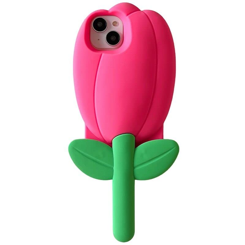 Ultra Thick Big Flower Soft Silicone Case for Apple iPhone 14 Pro Max Tulip Floral 3D Cartoon Hot Pink Green Color Vibrant Bright Cute Lovely Adorable Chic Women Girls Kids
